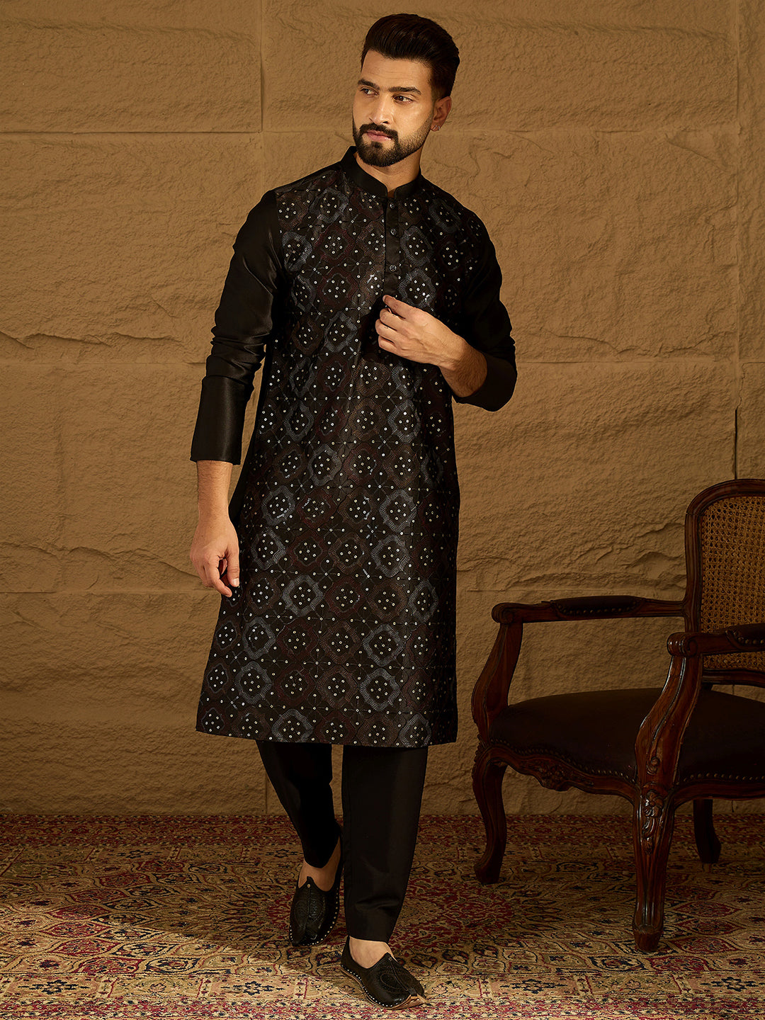 Ethnic Bay Men Black Silk Blend Solid Embroidered Straight Kurta with Trouser-MKSET1471