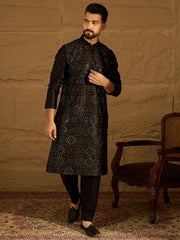 Ethnic Bay Men Black Silk Blend Solid Embroidered Straight Kurta with Trouser-MKSET1471