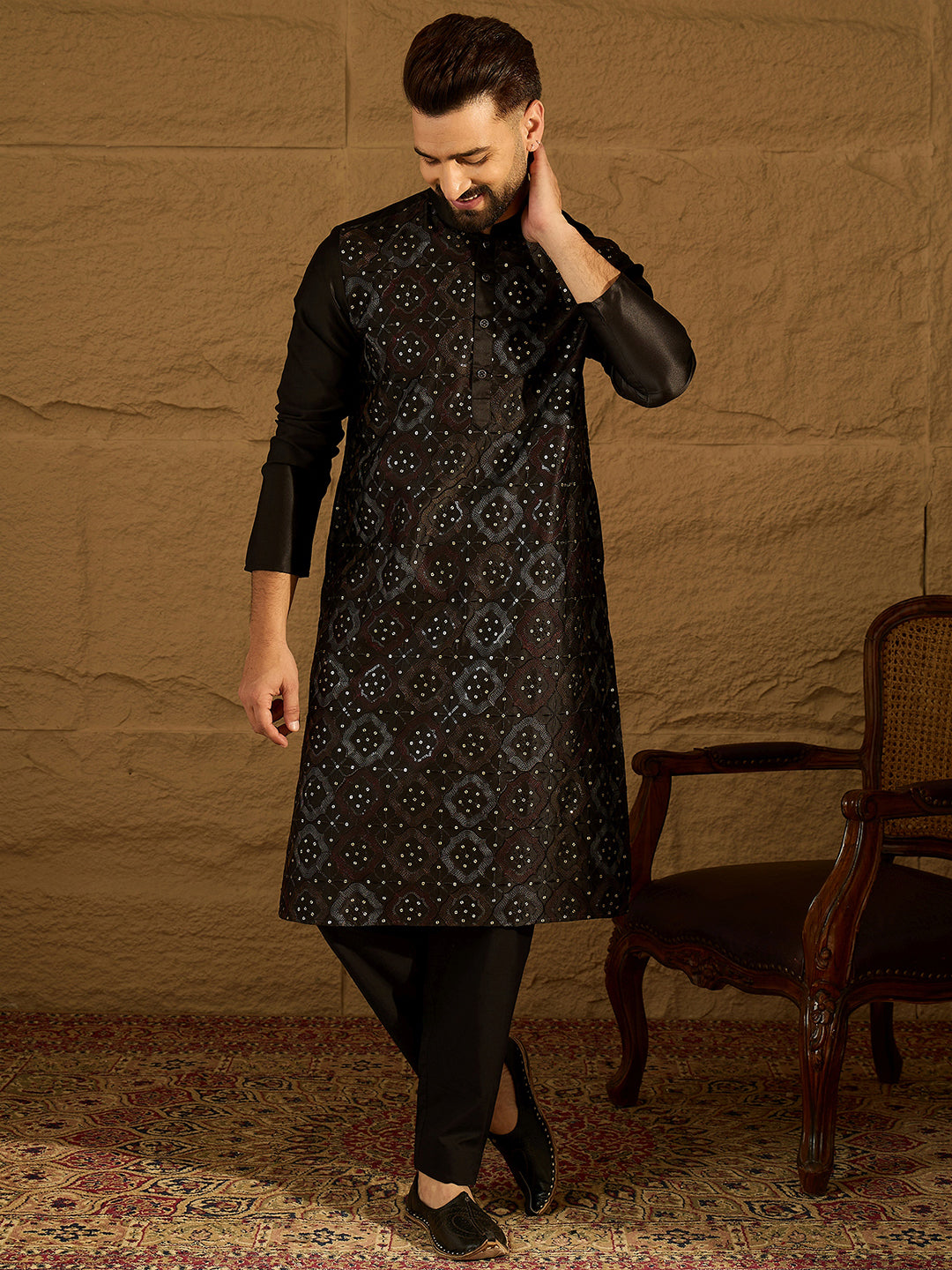 Ethnic Bay Men Black Silk Blend Solid Embroidered Straight Kurta with Trouser-MKSET1471