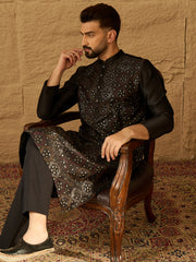 Ethnic Bay Men Black Silk Blend Solid Embroidered Straight Kurta with Trouser-MKSET1471