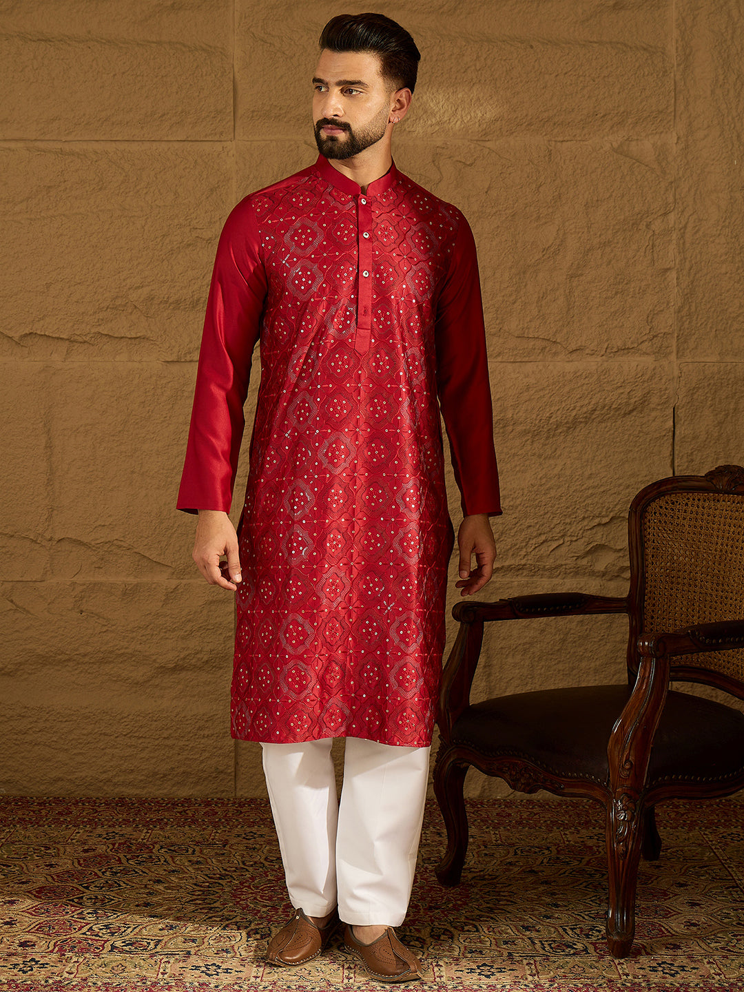 Ethnic Bay Men Maroon Silk Blend Solid Embroidered Straight Kurta with Trouser-MKSET1472