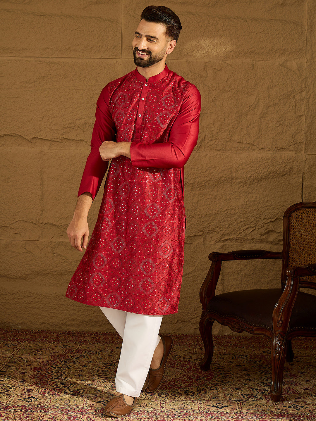 Ethnic Bay Men Maroon Silk Blend Solid Embroidered Straight Kurta with Trouser-MKSET1472