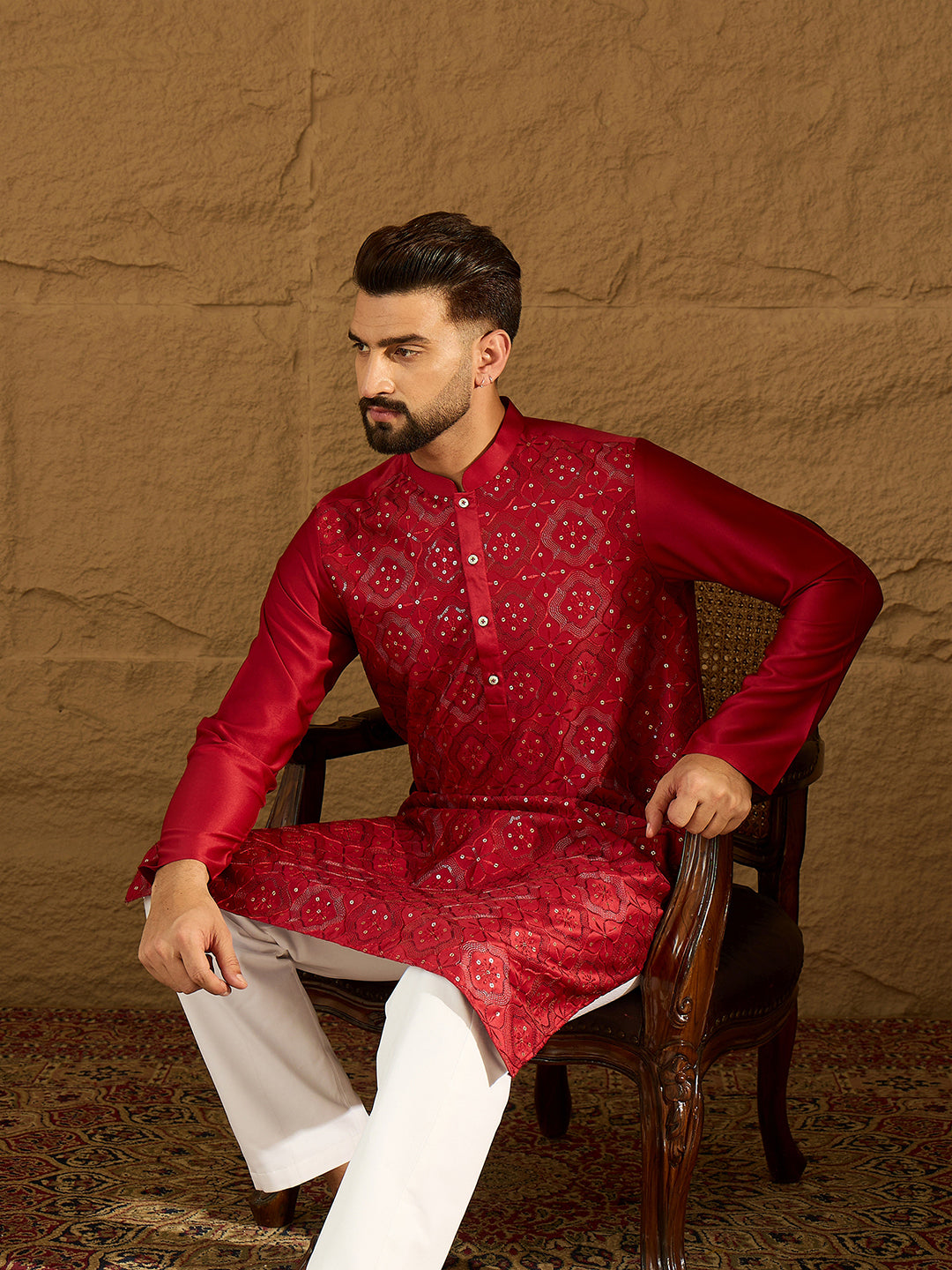 Ethnic Bay Men Maroon Silk Blend Solid Embroidered Straight Kurta with Trouser-MKSET1472