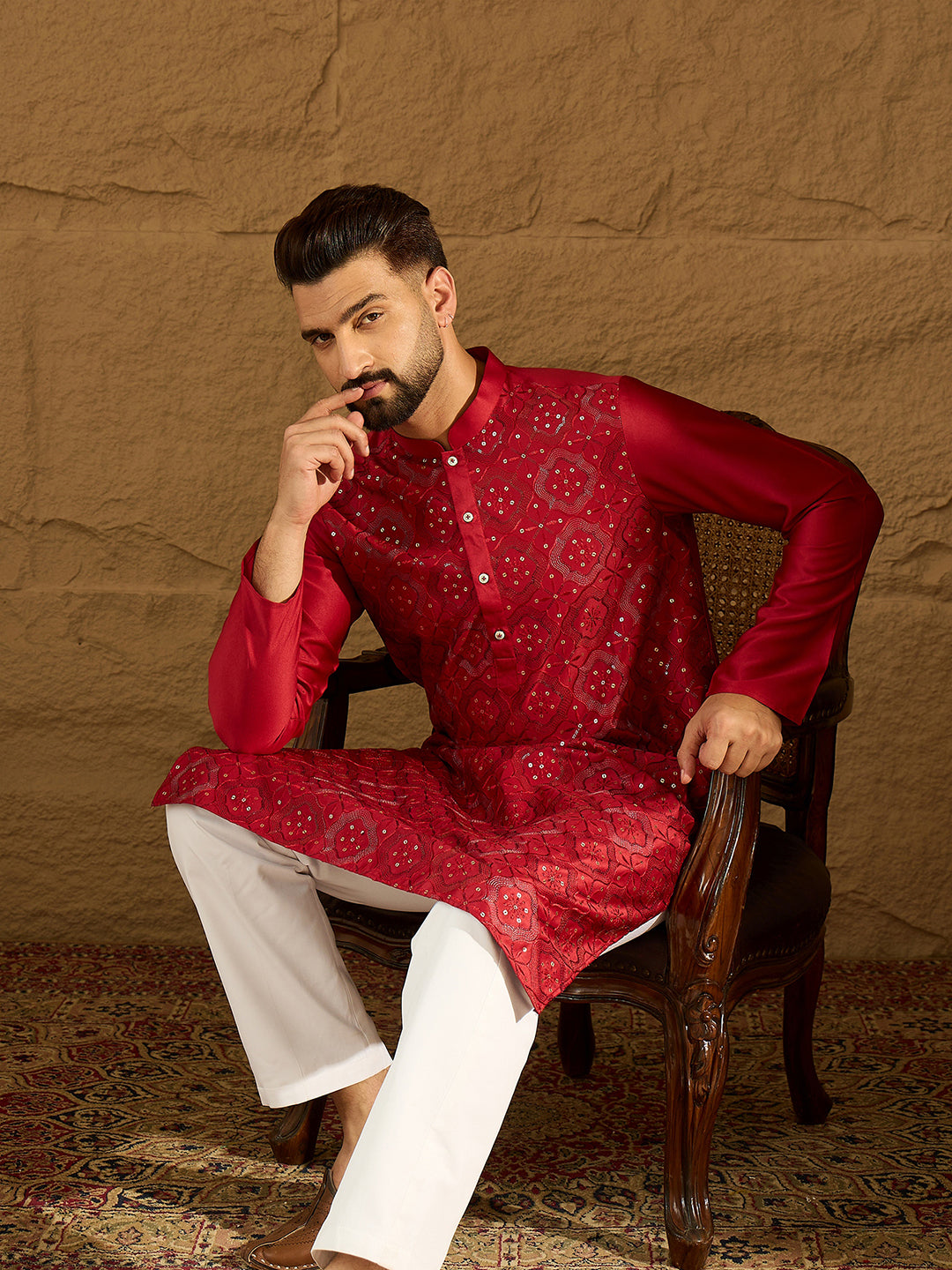 Ethnic Bay Men Maroon Silk Blend Solid Embroidered Straight Kurta with Trouser-MKSET1472
