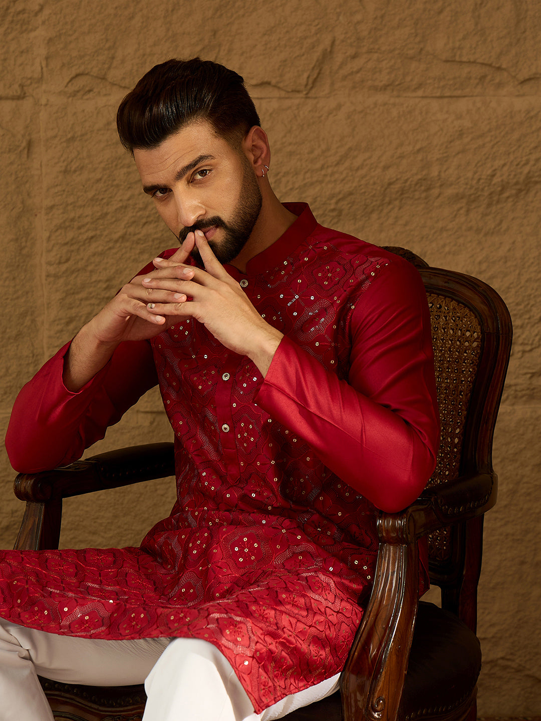 Ethnic Bay Men Maroon Silk Blend Solid Embroidered Straight Kurta with Trouser-MKSET1472