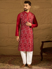 Ethnic Bay Men Maroon Silk Blend Solid Embroidered Straight Kurta with Trouser-MKSET1473