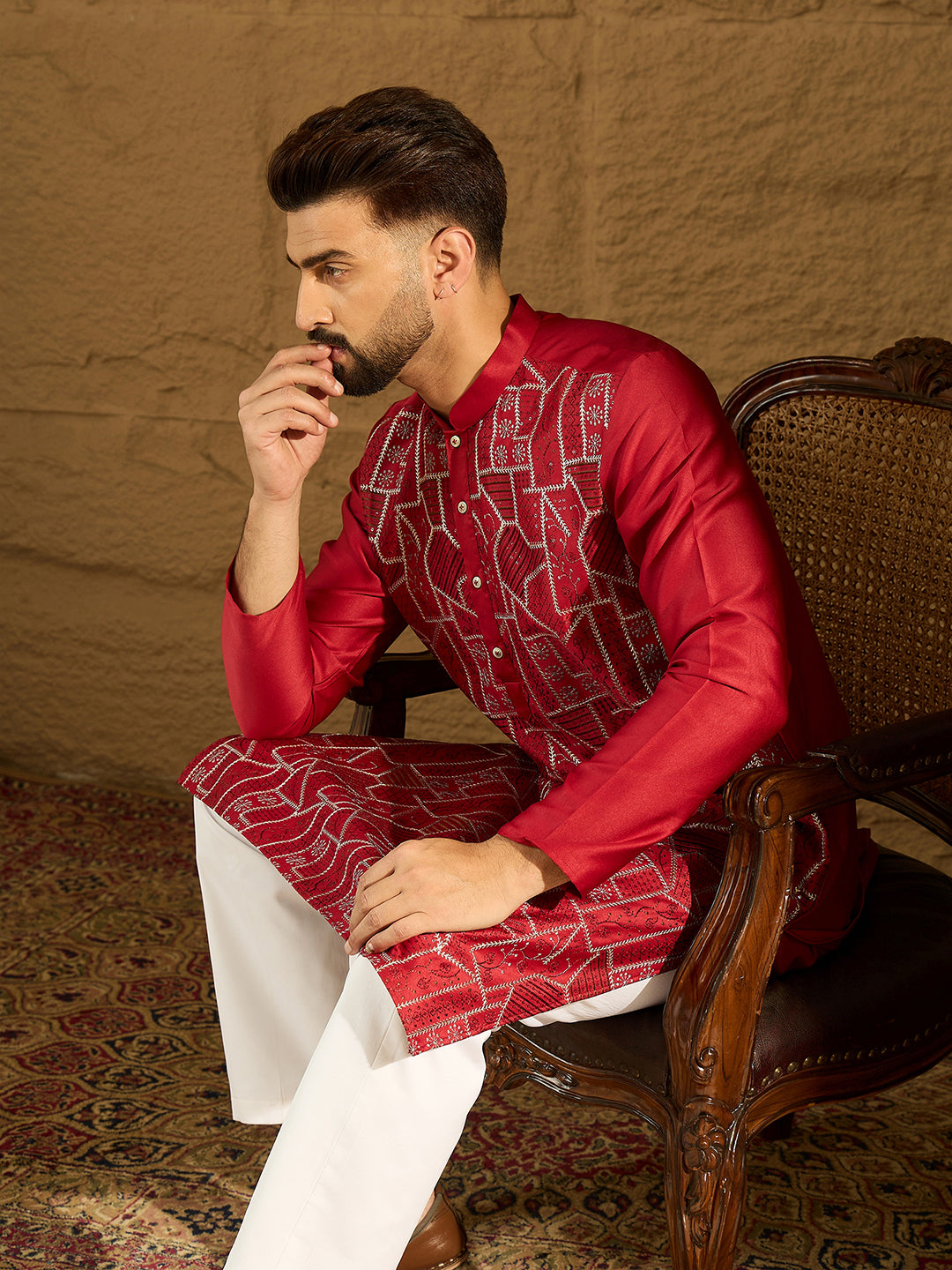 Ethnic Bay Men Maroon Silk Blend Solid Embroidered Straight Kurta with Trouser-MKSET1473