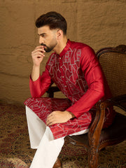 Ethnic Bay Men Maroon Silk Blend Solid Embroidered Straight Kurta with Trouser-MKSET1473