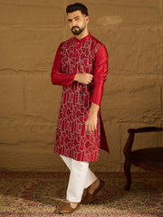 Ethnic Bay Men Maroon Silk Blend Solid Embroidered Straight Kurta with Trouser-MKSET1473