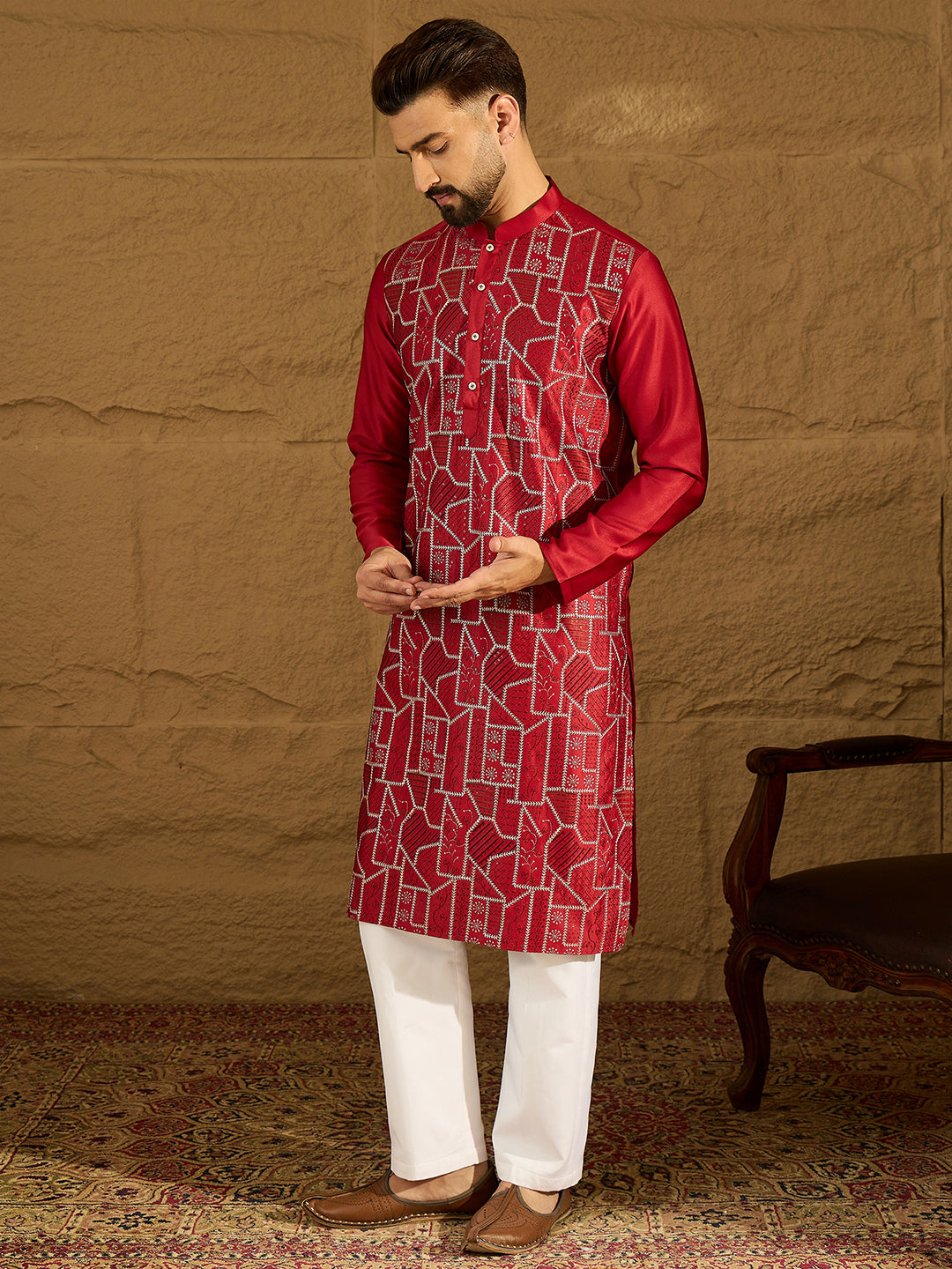 Ethnic Bay Men Maroon Silk Blend Solid Embroidered Straight Kurta with Trouser-MKSET1473