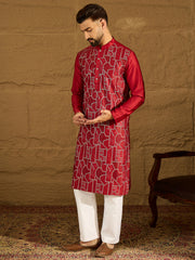 Ethnic Bay Men Maroon Silk Blend Solid Embroidered Straight Kurta with Trouser-MKSET1473