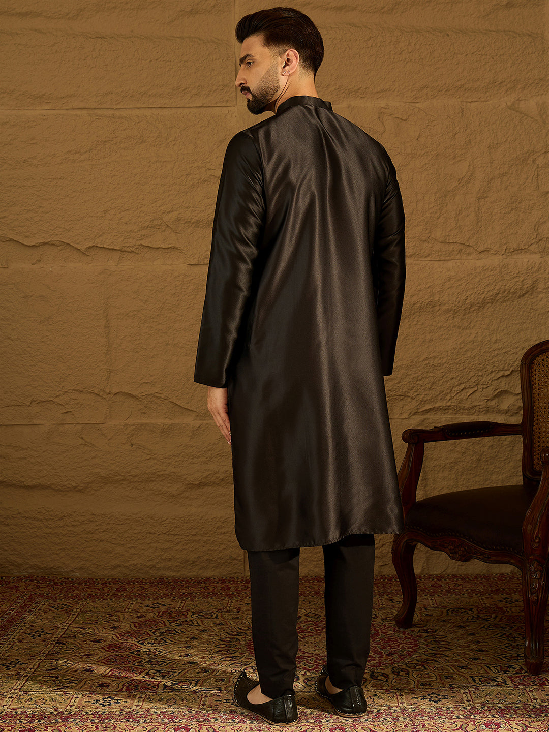 Ethnic Bay Men Black Silk Blend Solid Embroidered Straight Kurta with Trouser-MKSET1474