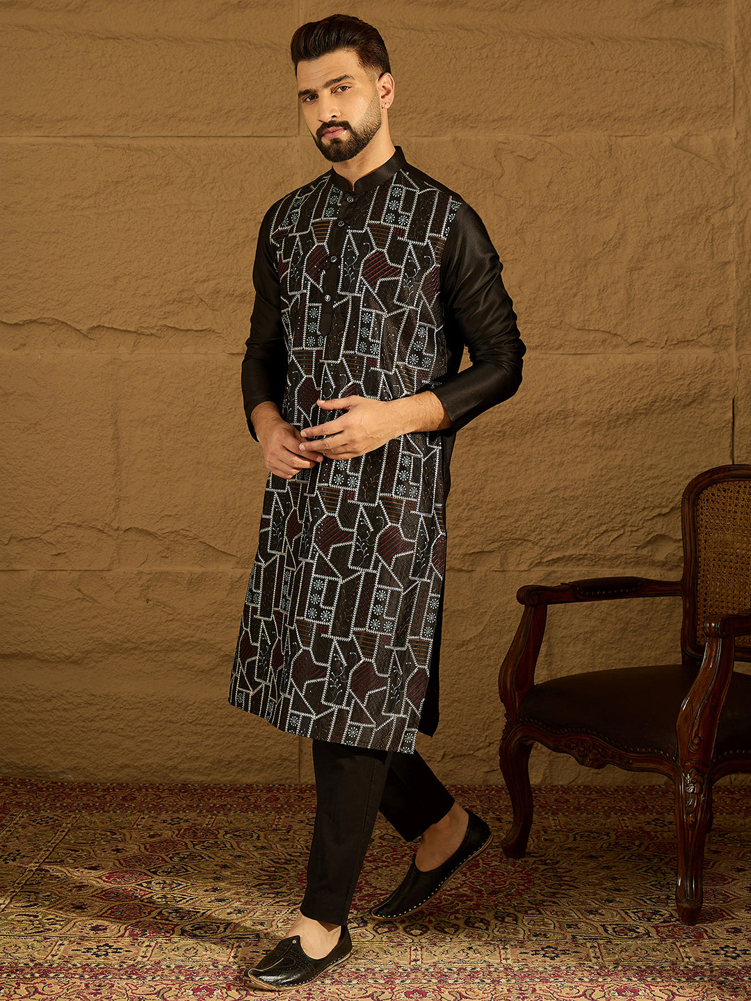 Ethnic Bay Men Black Silk Blend Solid Embroidered Straight Kurta with Trouser-MKSET1474