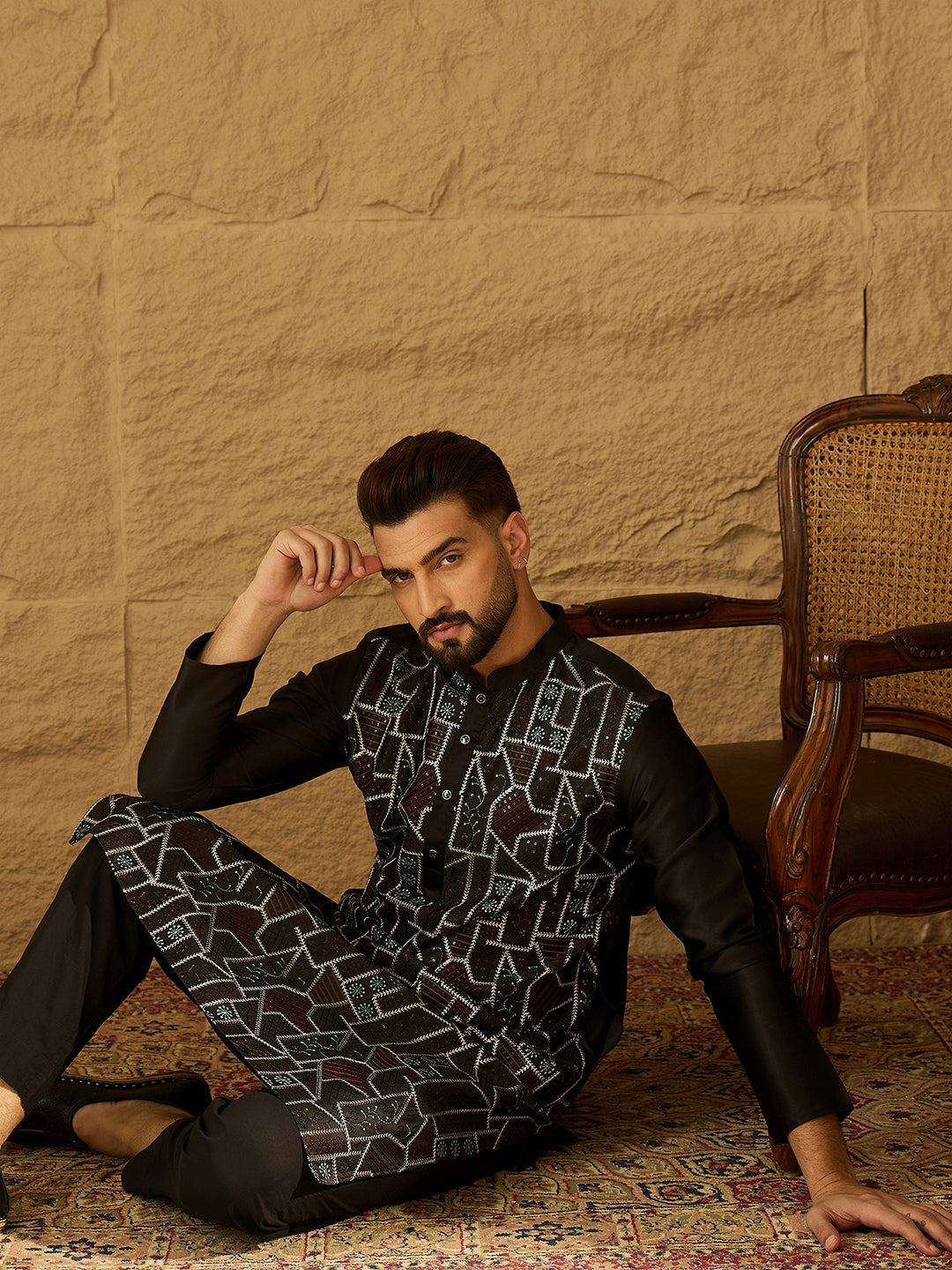 Ethnic Bay Men Black Silk Blend Solid Embroidered Straight Kurta with Trouser-MKSET1474