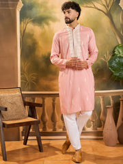Ethnic Bay Men Peach Silk Blend Solid Embroidered Straight Kurta with Trouser-MKSET1491