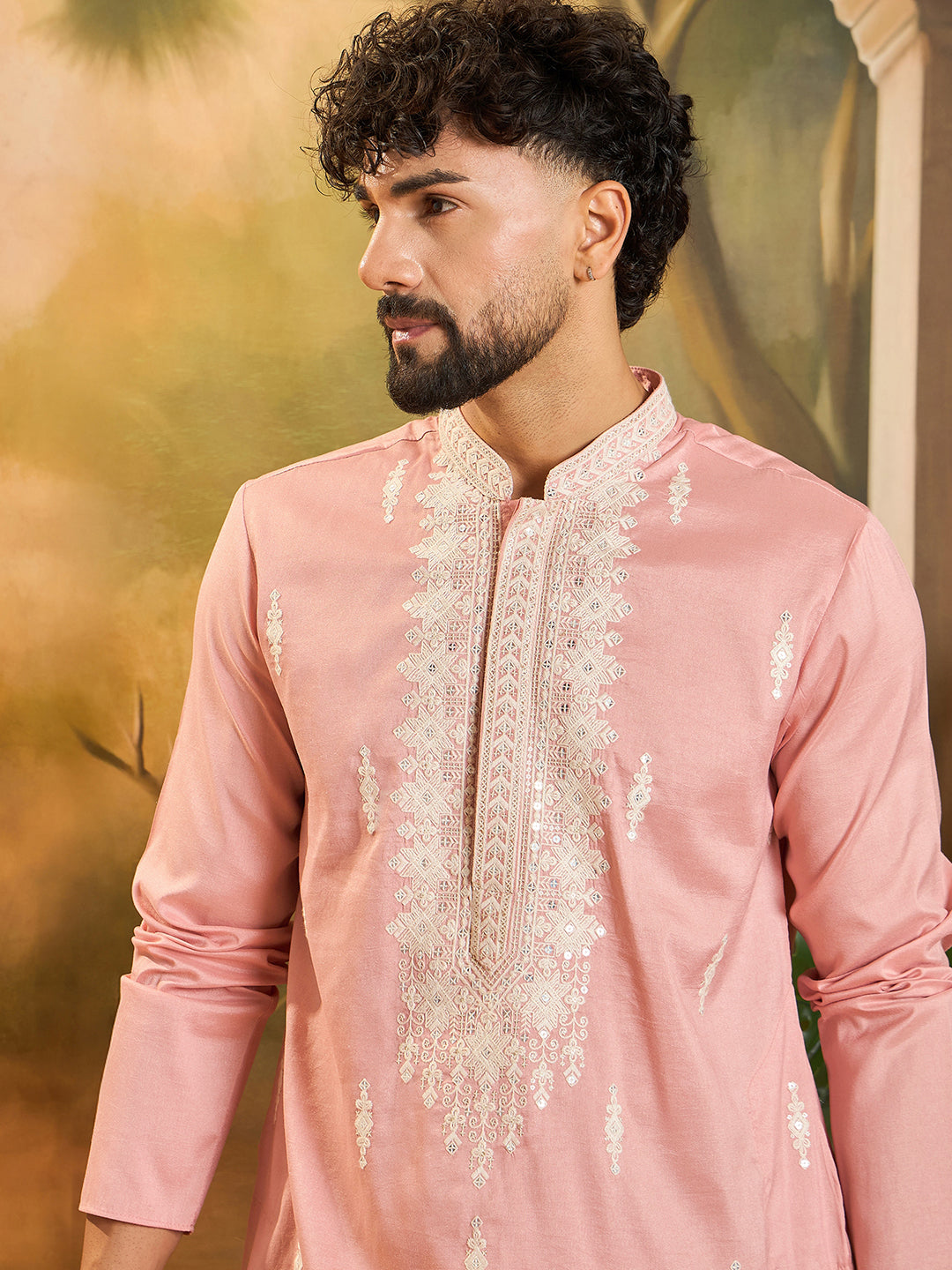 Ethnic Bay Men Peach Silk Blend Solid Embroidered Straight Kurta with Trouser-MKSET1491