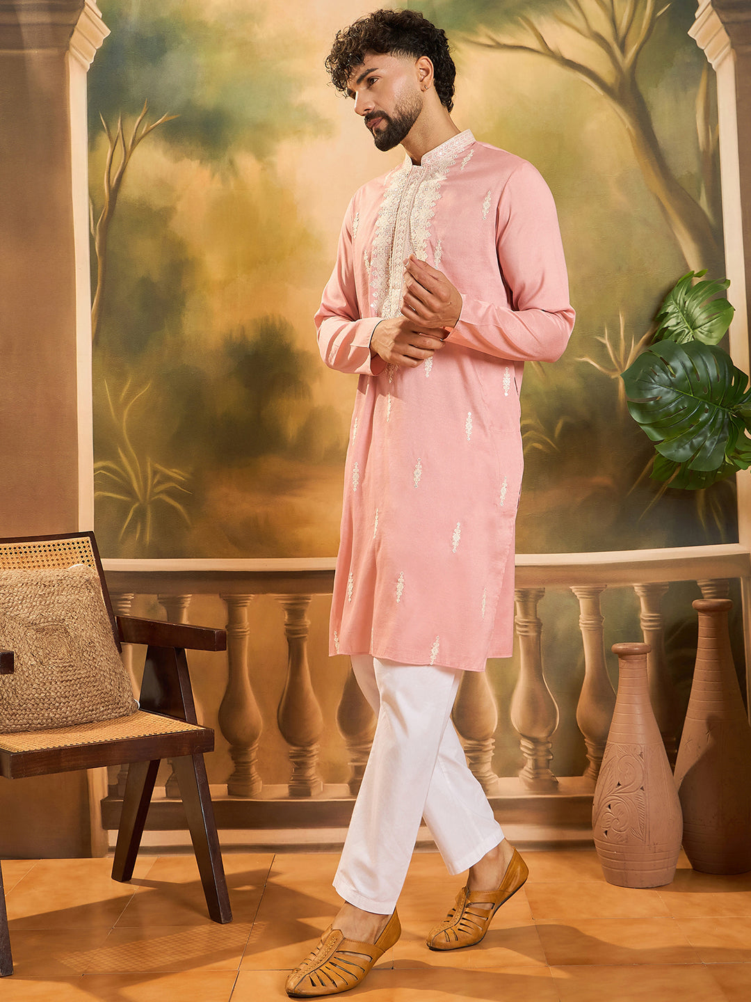 Ethnic Bay Men Peach Silk Blend Solid Embroidered Straight Kurta with Trouser-MKSET1491