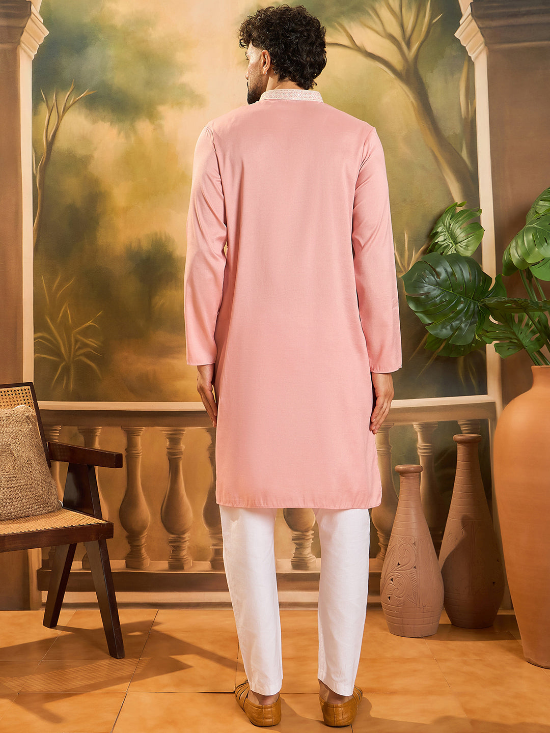 Ethnic Bay Men Peach Silk Blend Solid Embroidered Straight Kurta with Trouser-MKSET1491