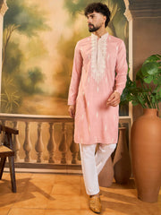Ethnic Bay Men Peach Silk Blend Solid Embroidered Straight Kurta with Trouser-MKSET1491