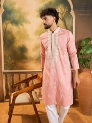 Ethnic Bay Men Peach Silk Blend Solid Embroidered Straight Kurta with Trouser-MKSET1491