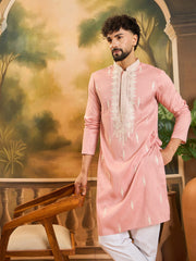 Ethnic Bay Men Peach Silk Blend Solid Embroidered Straight Kurta with Trouser-MKSET1491