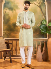 Ethnic Bay Men Green Silk Blend Solid Embroidered Straight Kurta with Trouser-MKSET1492