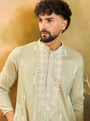 Ethnic Bay Men Green Silk Blend Solid Embroidered Straight Kurta with Trouser-MKSET1492