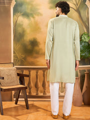 Ethnic Bay Men Green Silk Blend Solid Embroidered Straight Kurta with Trouser-MKSET1492