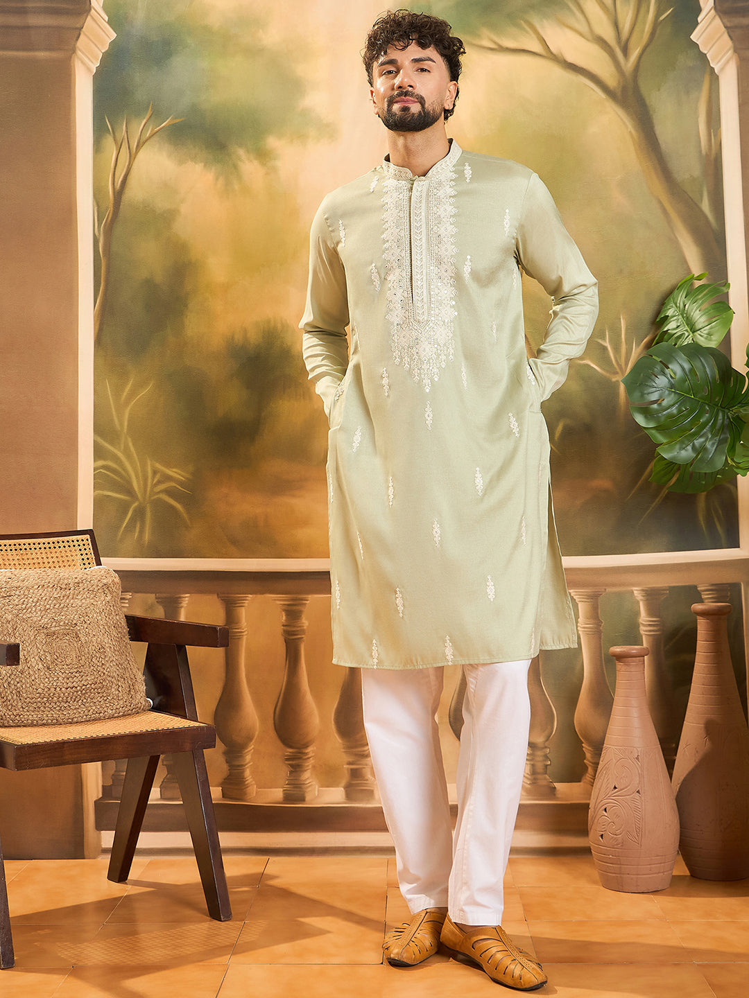 Ethnic Bay Men Green Silk Blend Solid Embroidered Straight Kurta with Trouser-MKSET1492