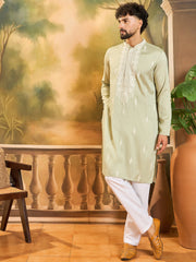Ethnic Bay Men Green Silk Blend Solid Embroidered Straight Kurta with Trouser-MKSET1492