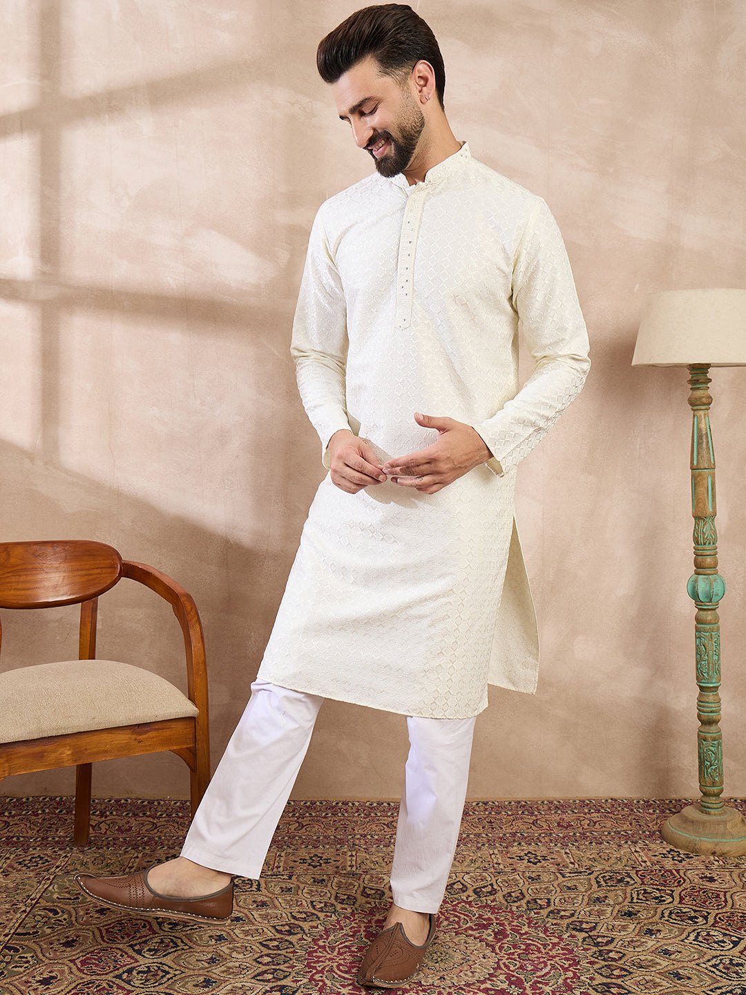 Ethnic Bay Men White Silk Blend Geometric Embroidered Straight Kurta With Trouser