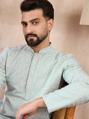 Ethnic Bay Men Blue Silk Blend Geometric Embroidered Straight Kurta With Trouser-MKSET1548