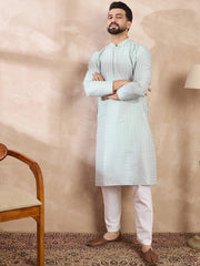 Ethnic Bay Men Blue Silk Blend Geometric Embroidered Straight Kurta With Trouser-MKSET1548