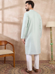 Ethnic Bay Men Blue Silk Blend Geometric Embroidered Straight Kurta With Trouser-MKSET1548