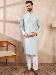 Ethnic Bay Men Blue Silk Blend Geometric Embroidered Straight Kurta With Trouser-MKSET1548
