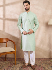 Ethnic Bay Men Green Silk Blend Geometric Embroidered Straight Kurta With Trouser-MKSET1549