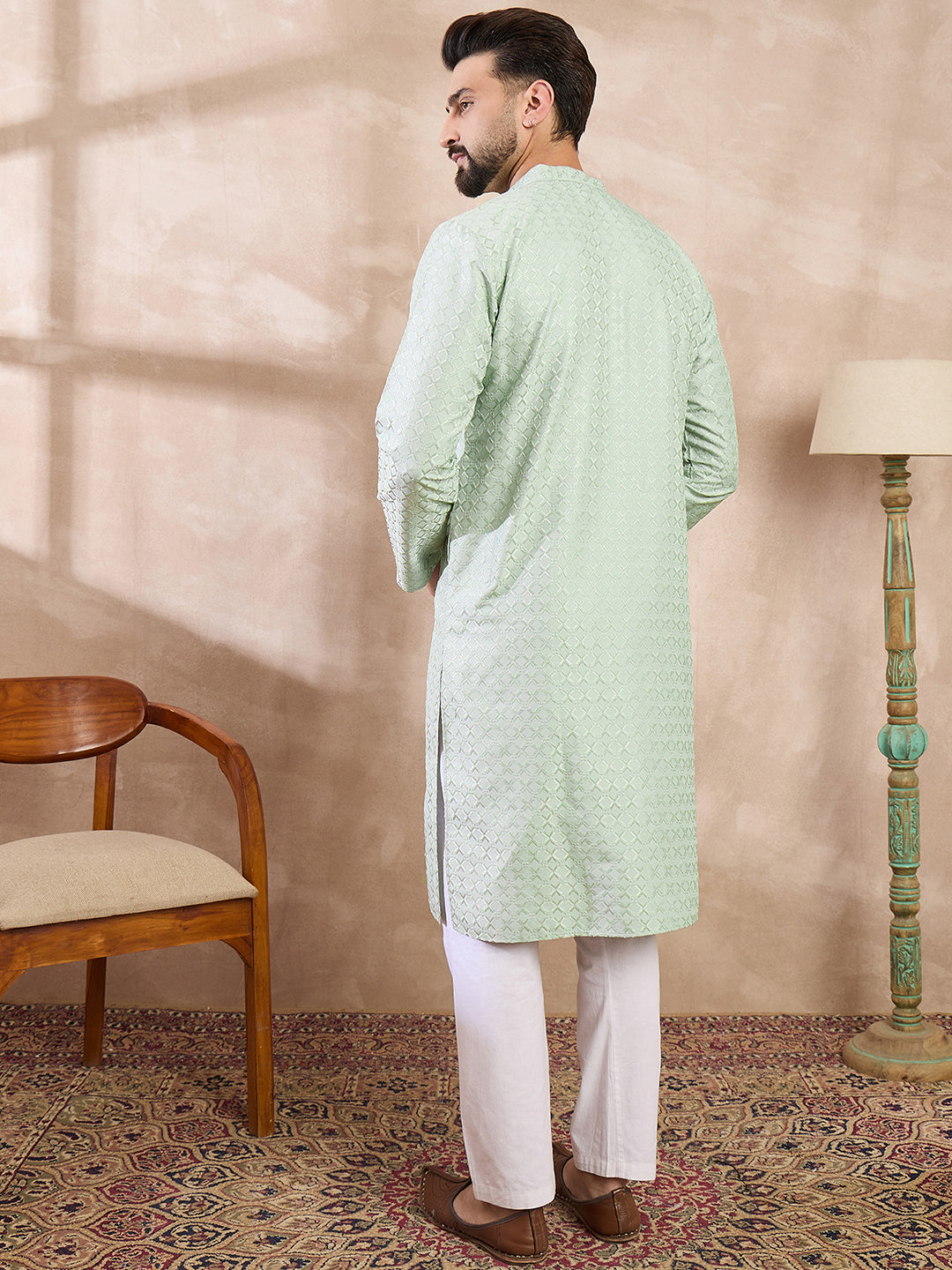 Ethnic Bay Men Green Silk Blend Geometric Embroidered Straight Kurta With Trouser
