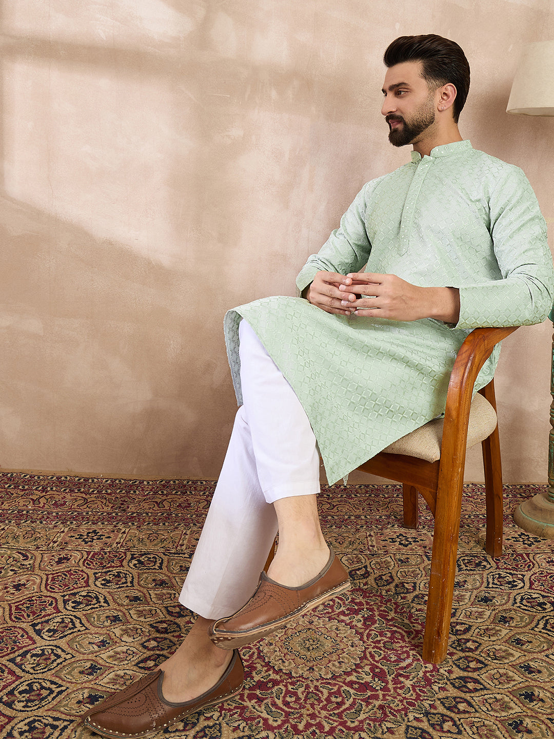 Ethnic Bay Men Green Silk Blend Geometric Embroidered Straight Kurta With Trouser