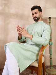 Ethnic Bay Men Green Silk Blend Geometric Embroidered Straight Kurta With Trouser-MKSET1549