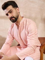 Ethnic Bay Men Pink Silk Blend Geometric Embroidered Straight Kurta With Trouser-MKSET1550