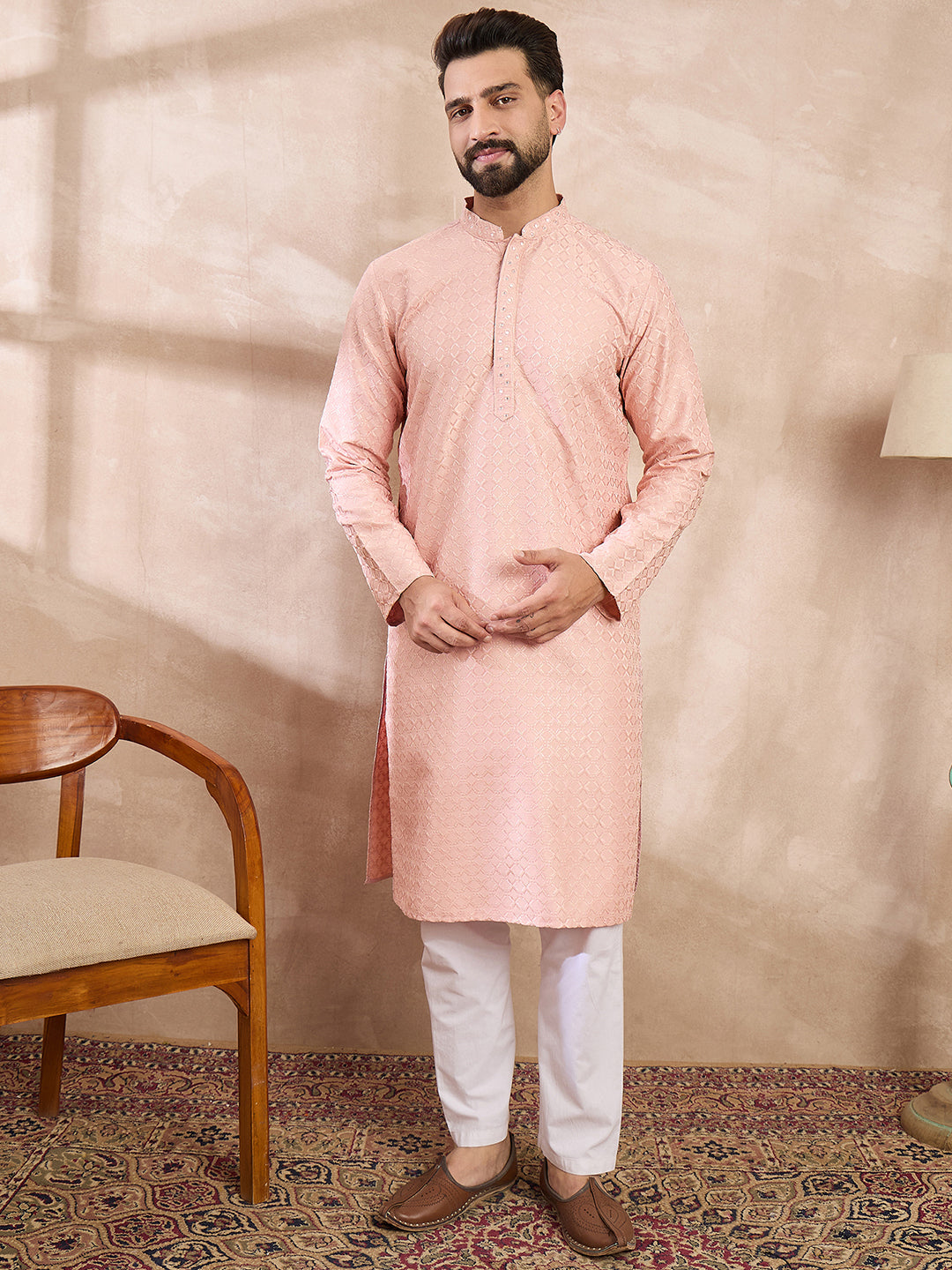 Ethnic Bay Men Pink Silk Blend Geometric Embroidered Straight Kurta With Trouser