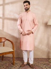 Ethnic Bay Men Pink Silk Blend Geometric Embroidered Straight Kurta With Trouser-MKSET1550