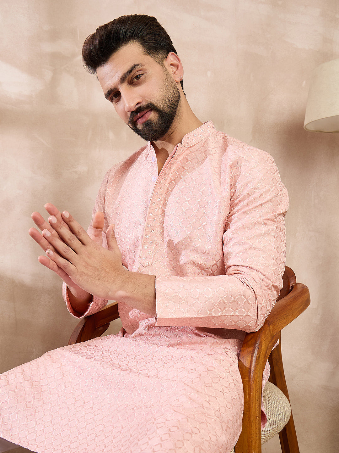 Ethnic Bay Men Pink Silk Blend Geometric Embroidered Straight Kurta With Trouser