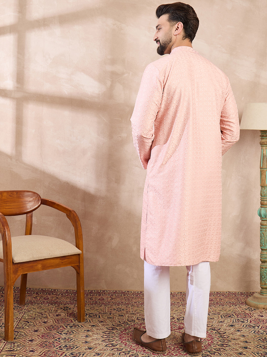 Ethnic Bay Men Pink Silk Blend Geometric Embroidered Straight Kurta With Trouser