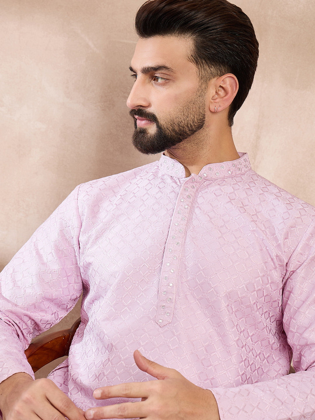 Ethnic Bay Men Purple Silk Blend Geometric Embroidered Straight Kurta With Trouser