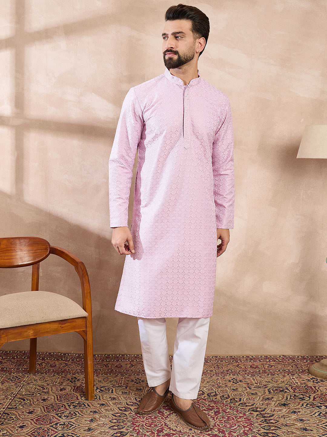 Ethnic Bay Men Purple Silk Blend Geometric Embroidered Straight Kurta With Trouser