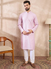 Ethnic Bay Men Purple Silk Blend Geometric Embroidered Straight Kurta With Trouser-MKSET1551