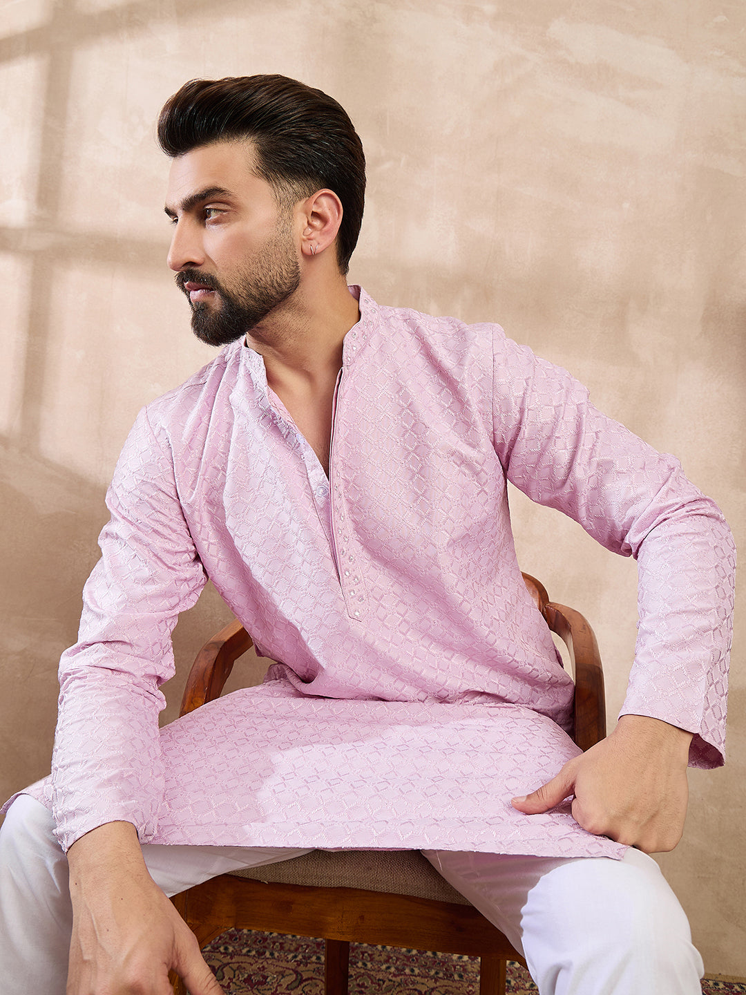 Ethnic Bay Men Purple Silk Blend Geometric Embroidered Straight Kurta With Trouser