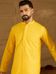 Ethnic Bay Men Yellow Viscose Rayon Solid Embroidered Straight Kurta with Trouser-MKSET1552