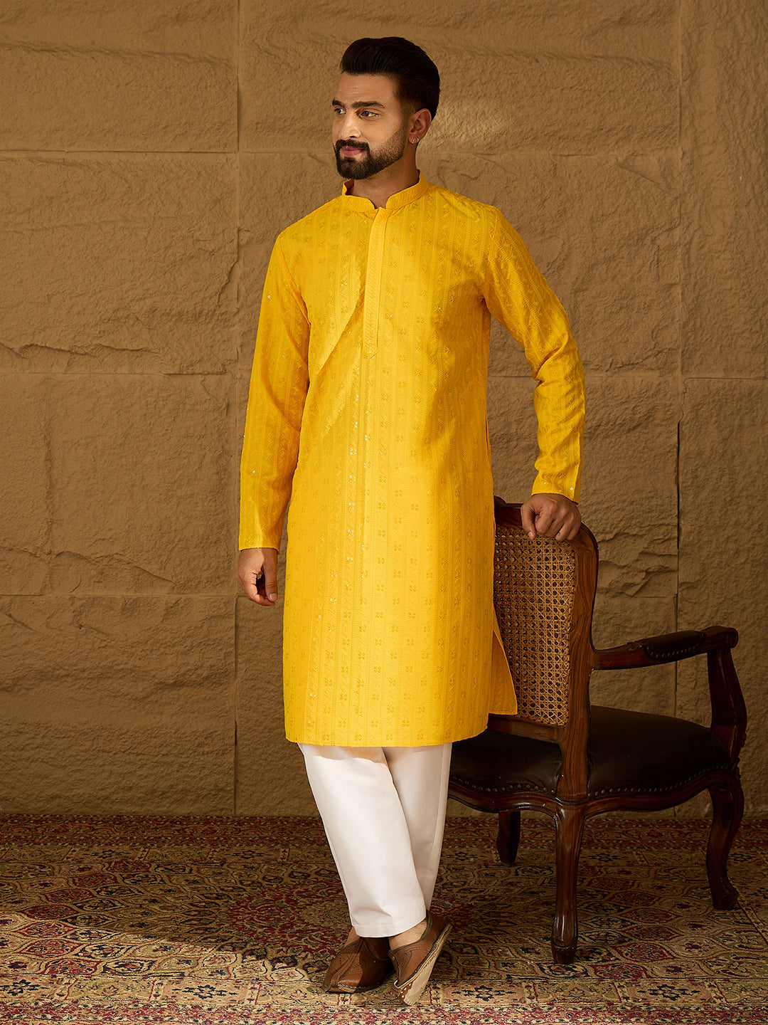 Ethnic Bay Men Yellow Viscose Rayon Solid Embroidered Straight Kurta with Trouser-MKSET1552